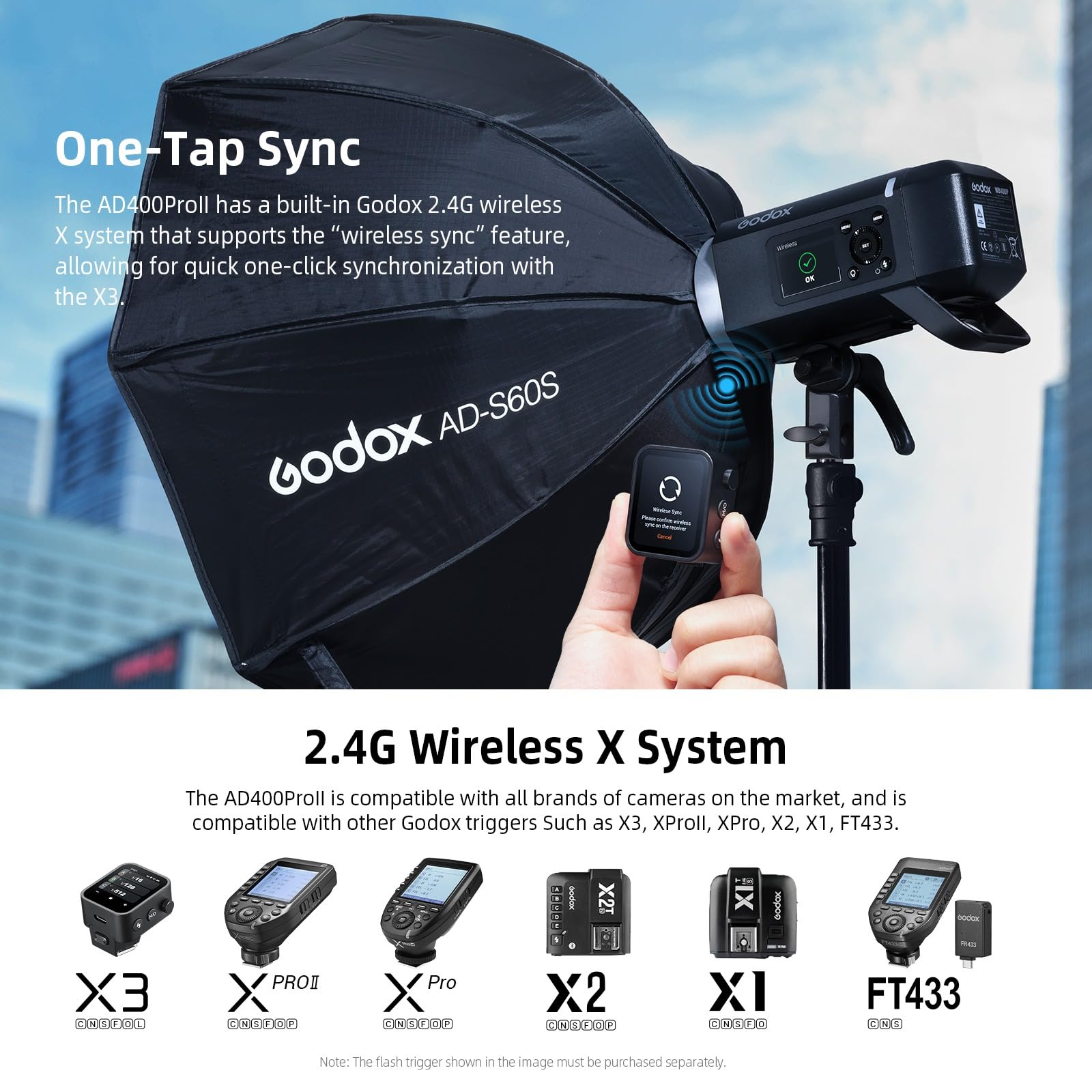 Godox AD400 Pro II AD400ProII Flash 400Ws Extérieur, Strobe Flash avec Système sans Fil 2.4G, Lampe Modeling Bi-Couleur 30W, 0.01~1s Recycle,460 Fois Flashes