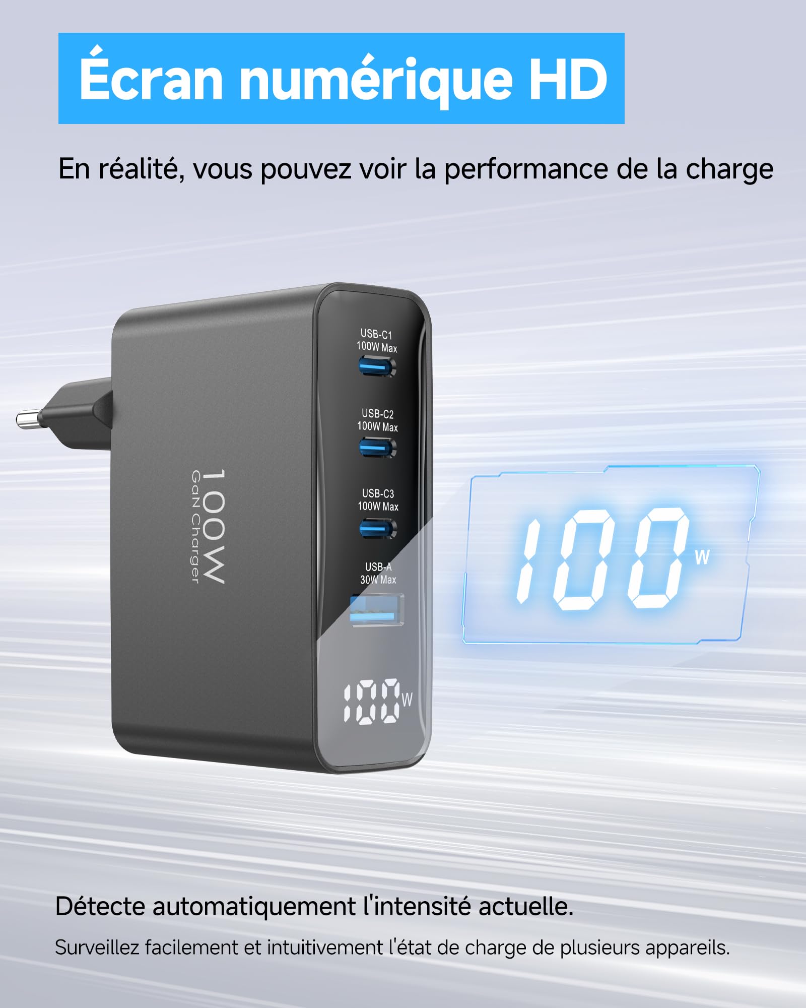 Chargeur USB C 100W GaN 4 Ports Rapide Multiport Noir Compatible iPhone 16 15 Pro Max MacBook Air Pro iPad Air Galaxy S25 S24