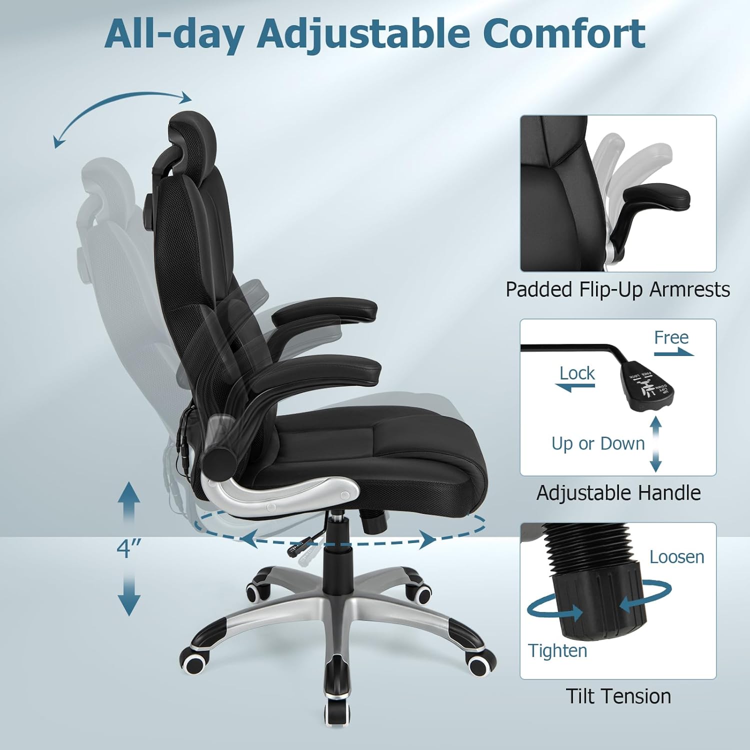 COSTWAY Executive 3D Massage Office Chair, Faux Leather Computer Desk Chair w/Adjustable Headrest & Lumbar Support, High Back Home Office Chair with Flip-up Armrests, Remote Control, Black