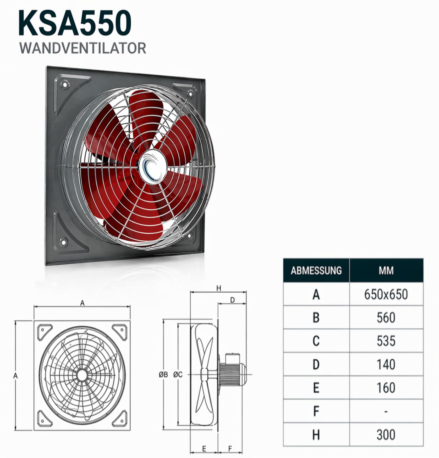 UZMAN KSA550 (KSA550) Wentylator ścienny, wysokowydajny, osiowy, do okien, 300 mm, 350 mm, 400 mm, 450 mm, 550 mm, 600 mm