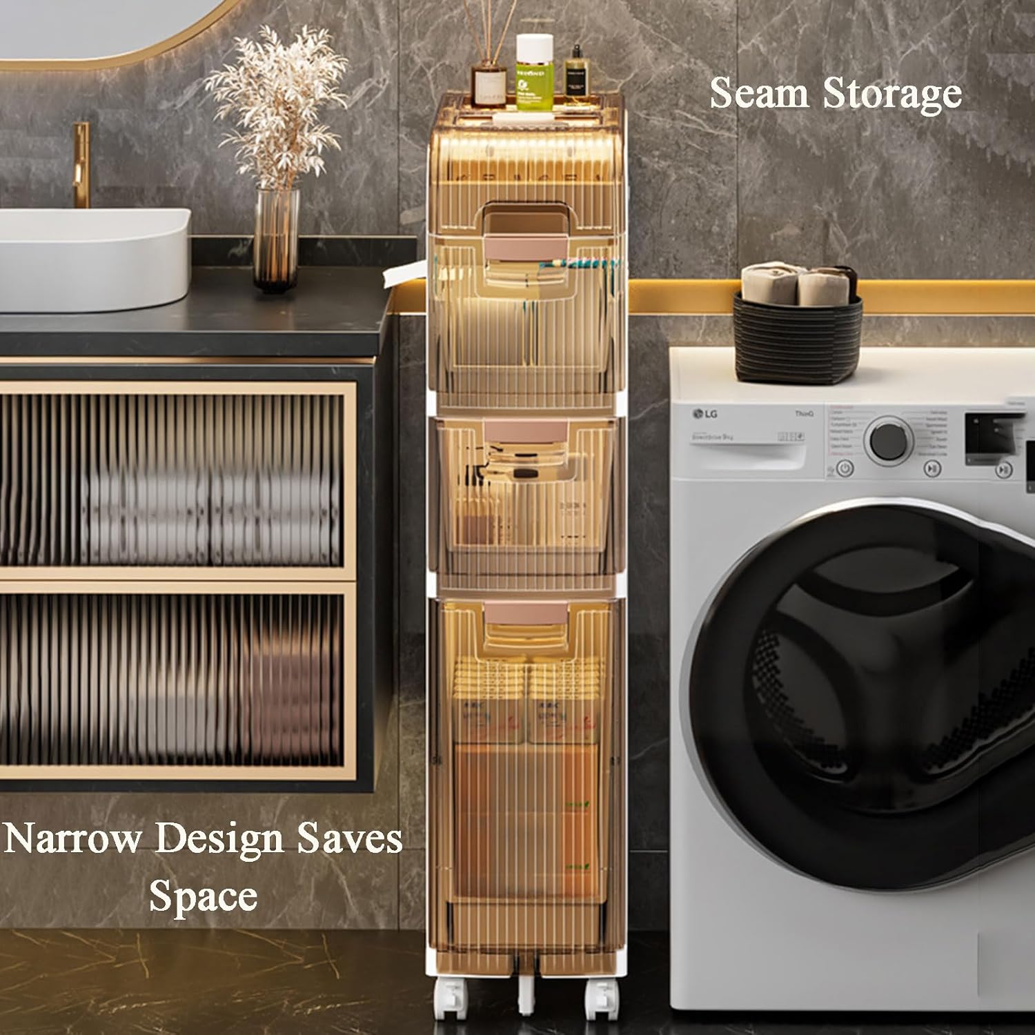 JATIBOSH Large 2/3/4 Tier Narrow Bathroom Shelf Narrow Slit Storage Cabinet Floor Mobile Dust Trolley Bathroom Storage Cabinet, Waterproof Toilet Paper Cabinet. Free Installation