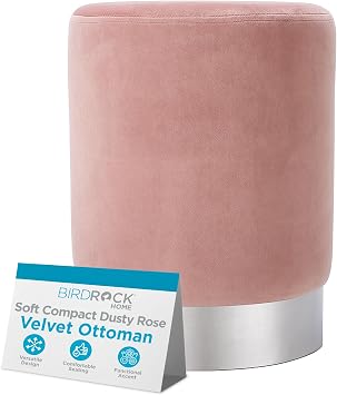 BIRDROCK HOME Round Ottoman Foot Stool Modern Soft Padded Velvet Vanity Chair with Silver Metal Trim Accent Chair or Foot Rest for Living Room, Bedroom, or Dressing Room Dusty Rose