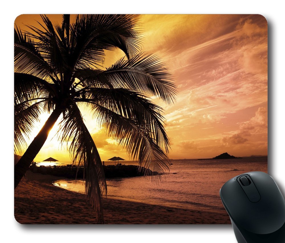Gaming Mouse Pad Personalized Unique Oblong Shaped Mouse Pad Tropical Beach Sunset Design Natural Eco Rubber Durable Computer