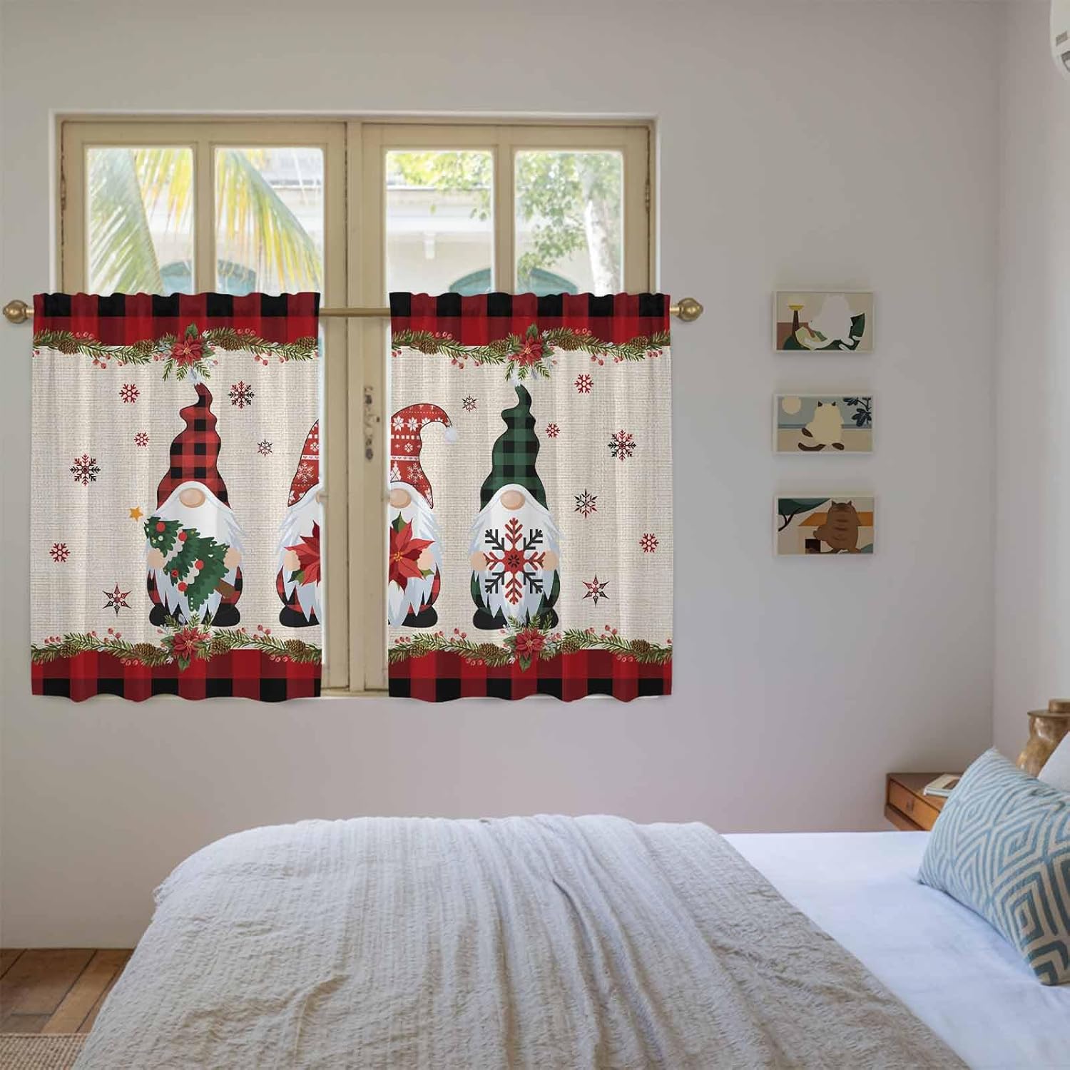 Christmas Gnomes Kitchen Tier Curtains 45 Inch Long 2 Panel Set,Rod Pocket Short Window Treatment,Red Black Plaid Xmas Tree Snowflake Burlap Curtains & Drapes for Bathroom Basement 27.5"W x 45"L