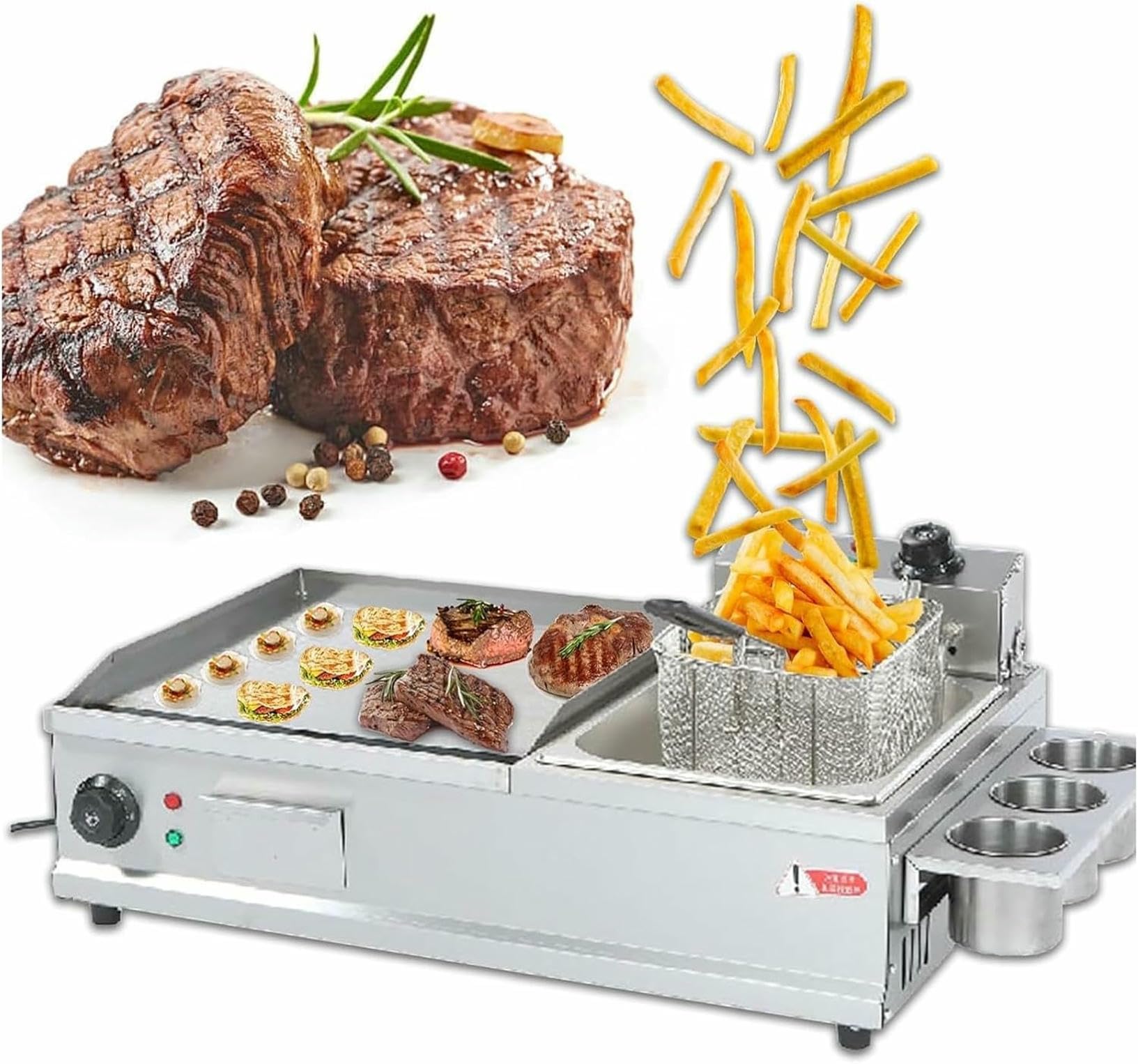 GYKOZY Commercial Electric Griddle, Outdoor Cooking With Deep Fryer, Griddles Flat Top Grill With Seasoning Rack