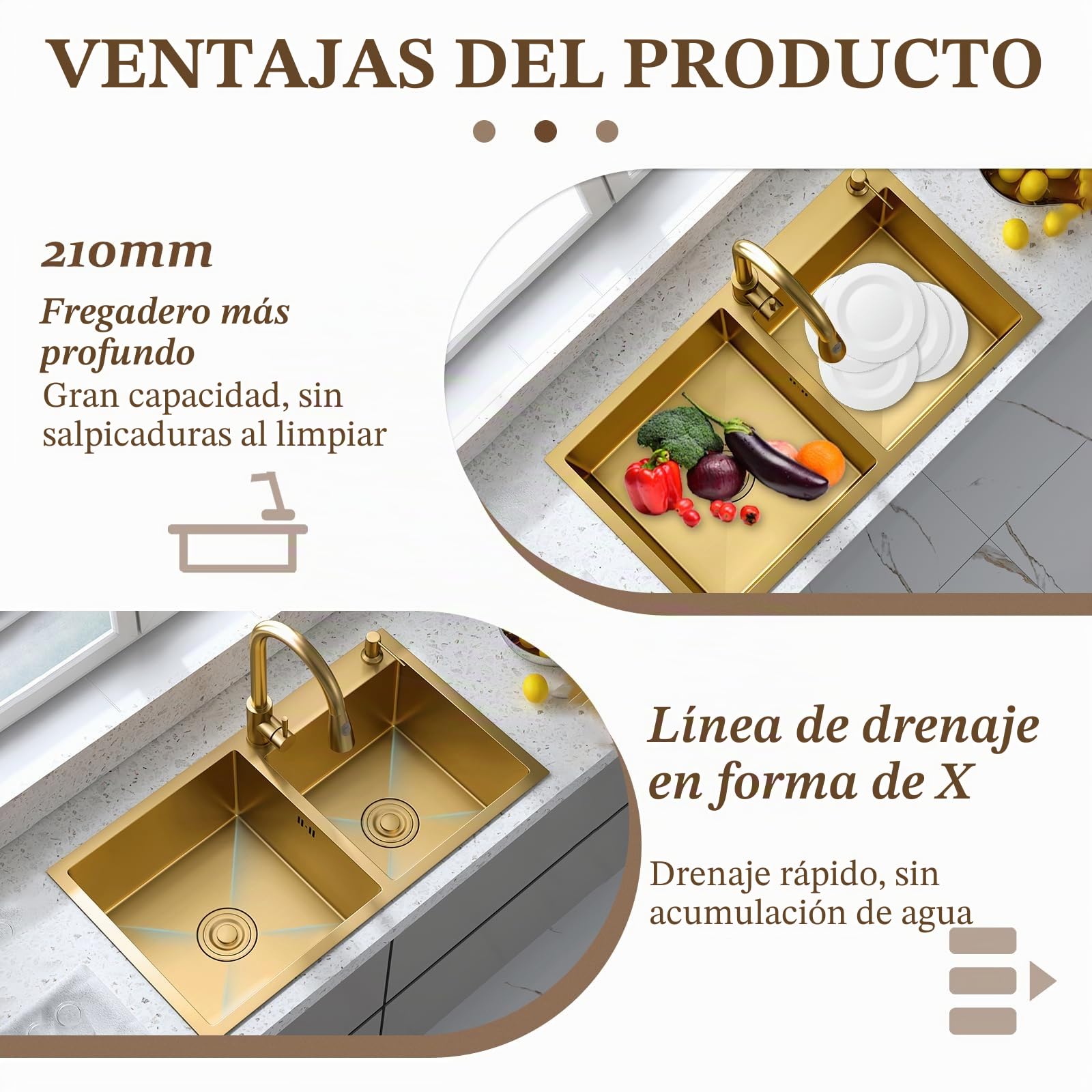 Dorado Fregadero Cocina 2 Seno 75x40cm, Fregadero Cuadrado de Acero Inoxidable con Grifo, Apto para instalación bajo encimera, Enrasado o Sobre encimera