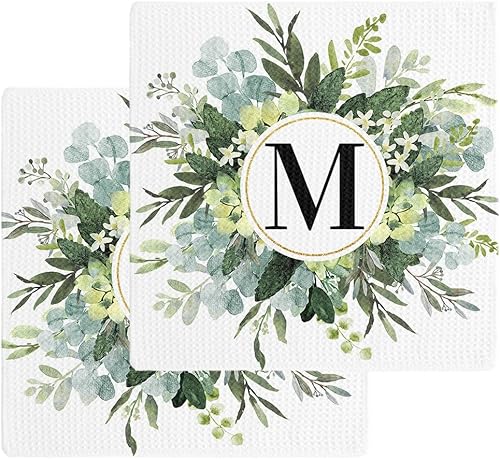 Paquete de 2 toallas de cocina de algodón con tejido de gofre, monograma de letra M, acuarela, eucalipto, primavera, verano, rurales, absorbentes,