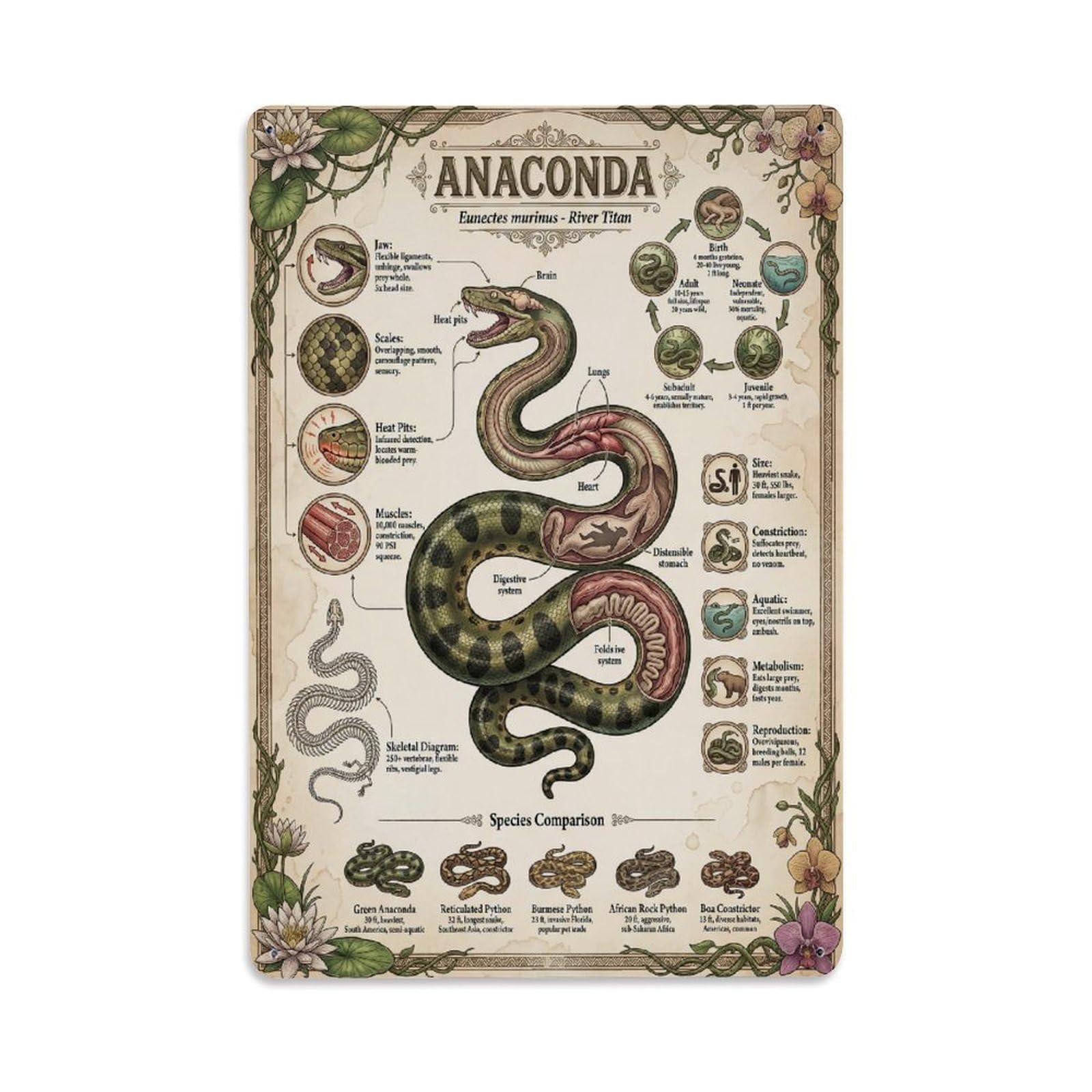 Green Anaconda Animal Anatomy Guide Design Zoology Study Metal Tin Sign Plaque Wall Decor for Cafe, Man Cave, Club Bar, Office, Home Garden Round Metal Poster 8x12Inch