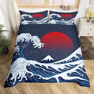 Feelyou Ocean Wave Duvet Cover Set Sea Surfing Red Sun Bedding Set for Kids Boys Girls Japanese Ukiyoe Comforter Cover Exotic Navy Blue Decor Quilt Cover with 1 Pillowcase 2Pcs Bedding Twin
