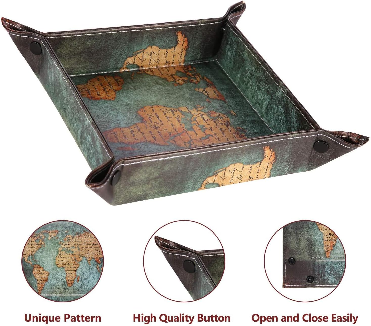 Valet Tray Desktop Storage Organizer, Vegan Leather Catchall Bedside Vanity Tray Nightstand Caddy Holder for Remote Controller, Watch, Keys, Phone, Wallet, Sunglasses, Jewelry - Map
