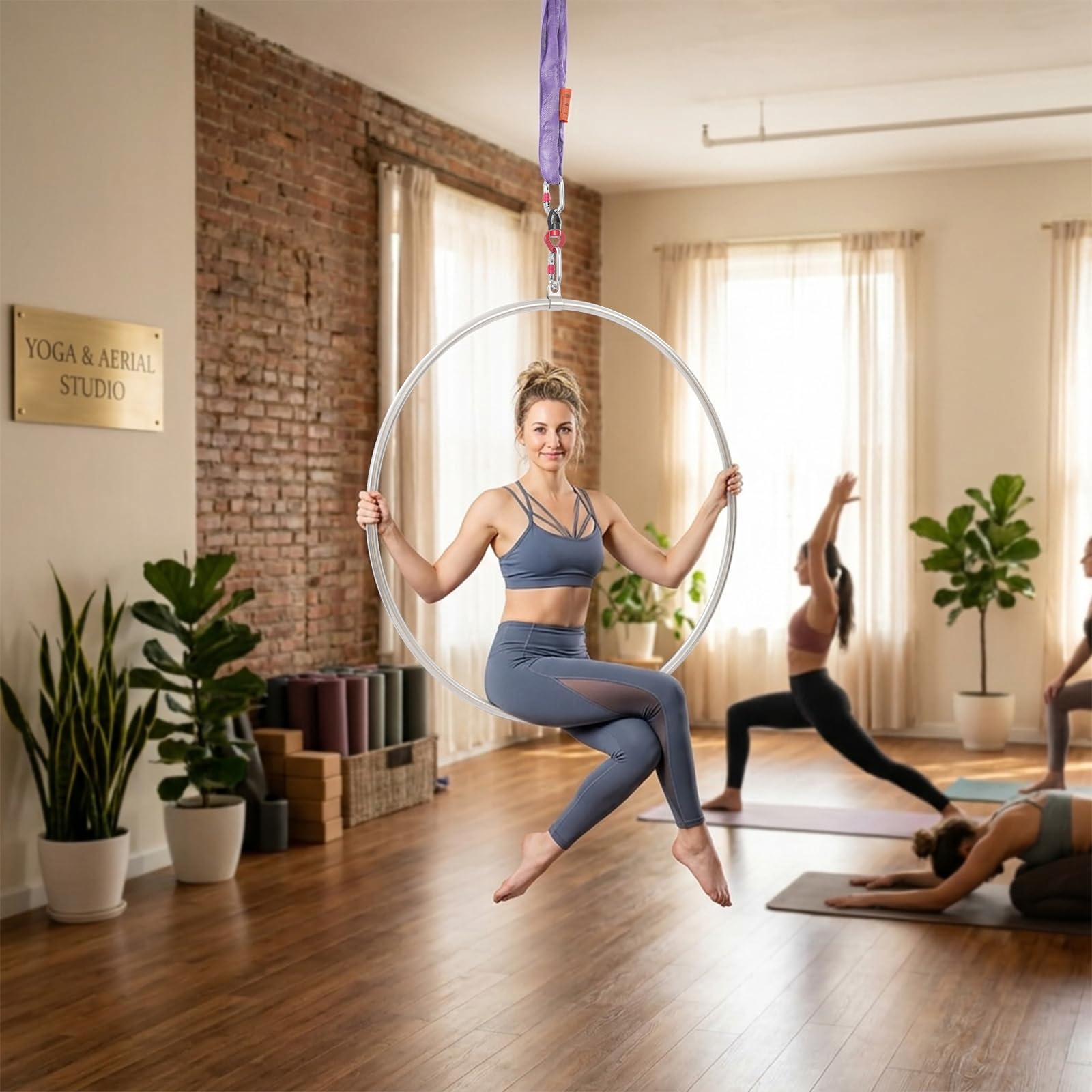Aerial Hoop 95 cm aus Edelstahl, Einzelpunkt-Luftreifen mit 360° drehbarem Verbinder und Rundschlinge, für Yoga, Akrobatik & Zirkus, Silber+Lila