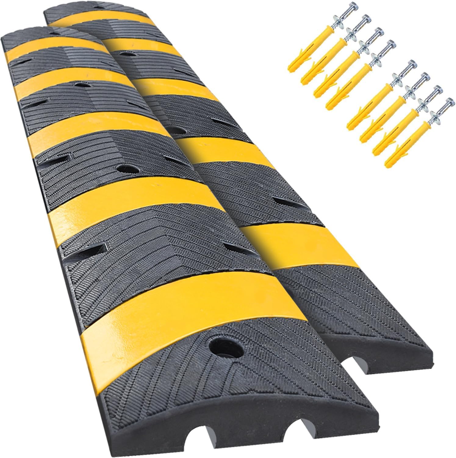 6' Ft 72" Inch Heavy Rubber Speed Bump Hump, 1-Piece Integrated Cable Cover Ramp, Installation Parts Included, Road Safety Bumps for Garage Parking Lot, Speed Control (72" Speed Bump x 2Pcs)