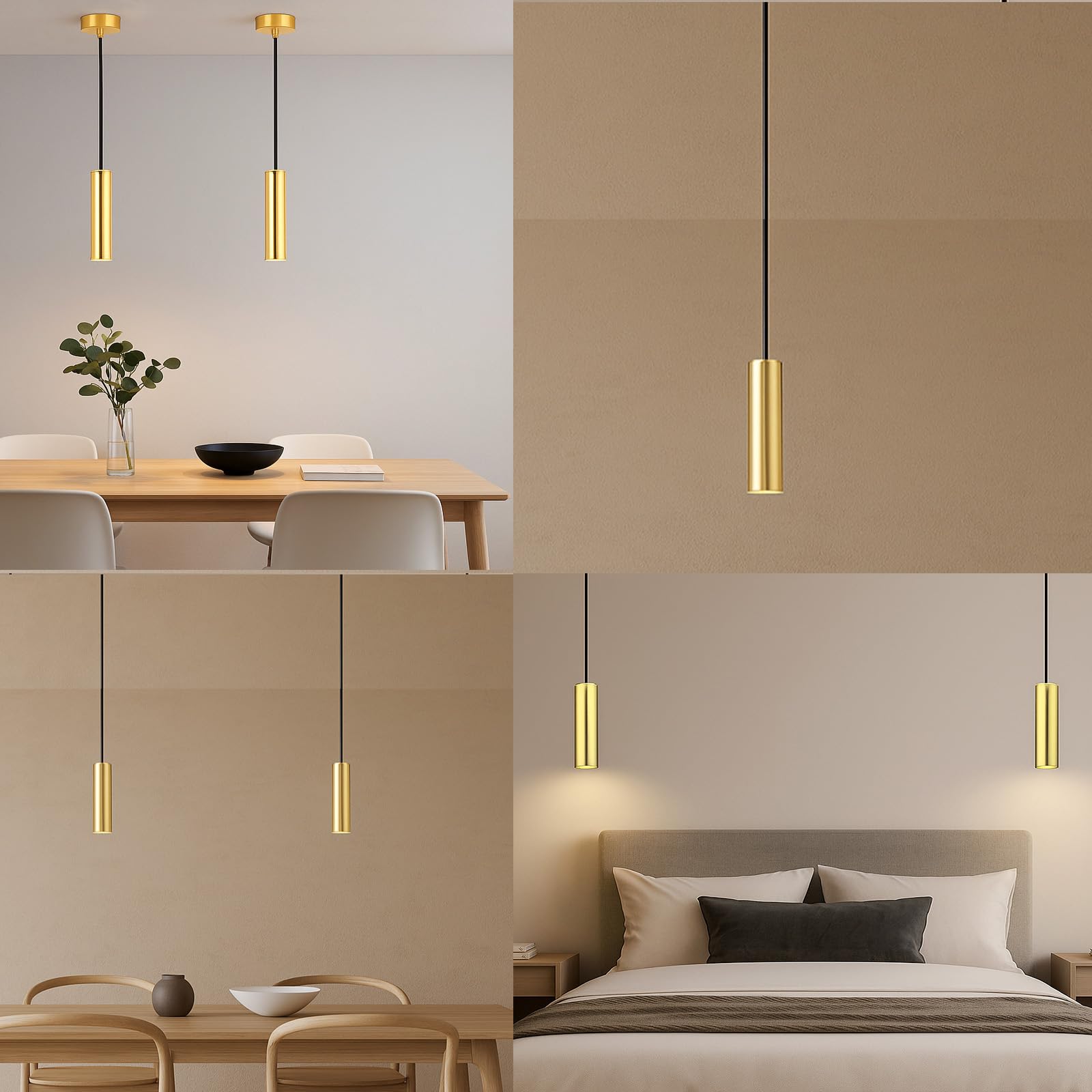 Alpinaluz Lámpara Colgante Tubular de Aluminio para Techo, Diseño Moderno y Minimalista de 20 cm con Casquillo GU10 y Cable Textil de 120 cm (Pack de 2 Dorado)