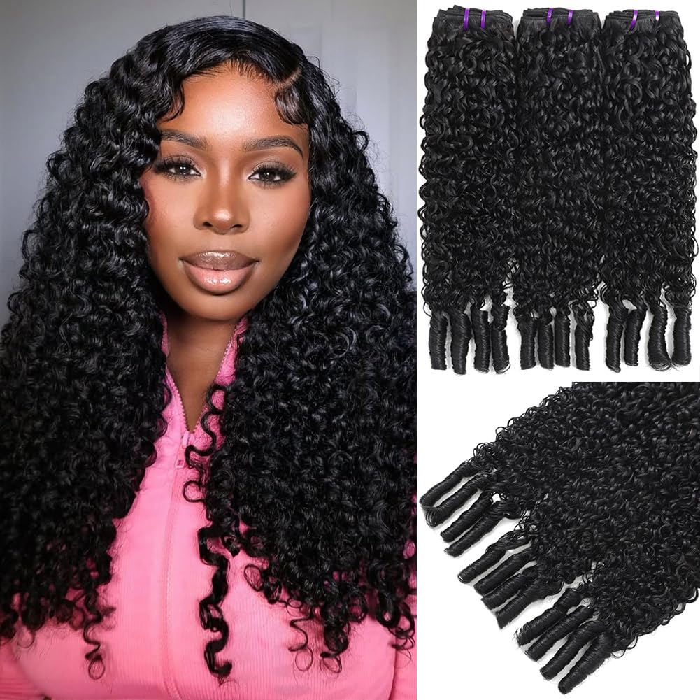 Seekomi Human Hair Burmese Curly Bundles 18 20 22 Inch 100% Virgin Water Curly 3 Bundles Human Hair with Spiral Ends Double Weft Quick Weave for Women, Natural Black Color, 300g
