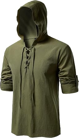 Mens Pure Cotton Lace Up Renaissance Hooded Shirt | Pirate, Viking, Medieval, Costume, Retro, Roll Up, Long Sleeve, Halloween, Cosplay, Clothing