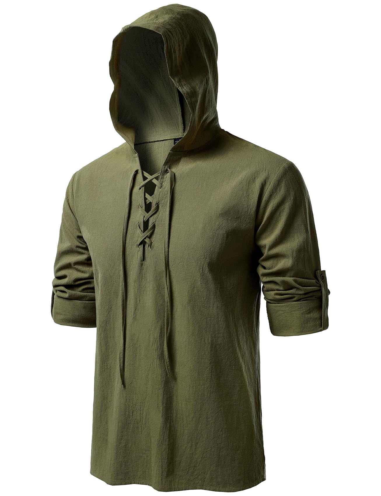 JEMITOP Men's Pure Cotton Retro Style Lace Up Hooded Shirts for Renaissance Pirate Viking Medieval Costume, Army Green, S โ image 1
