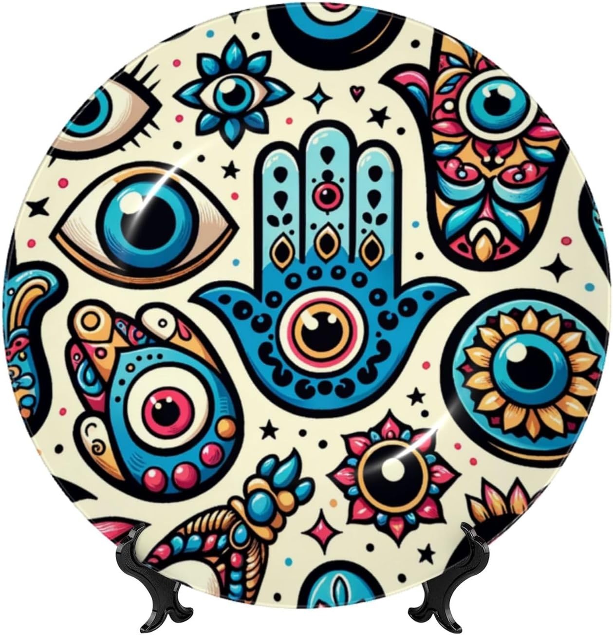 Cartoon-Blue-Evil-Eye 10 Inch Decorative Plate With Stand, Elegant Display Wall Plate For Home Decor