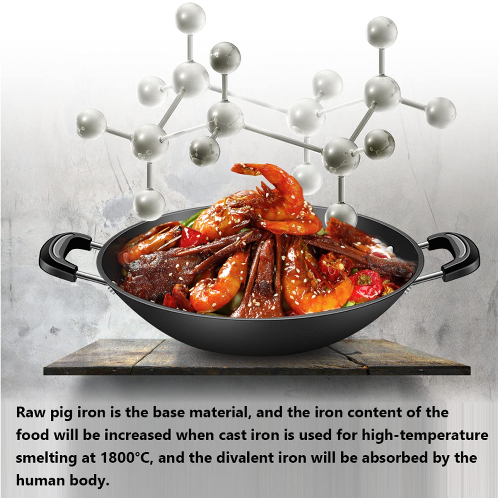 Wok in ghisa, stile antico, pentola binaurale tradizionale in ghisa, Without lid-φ34 cm