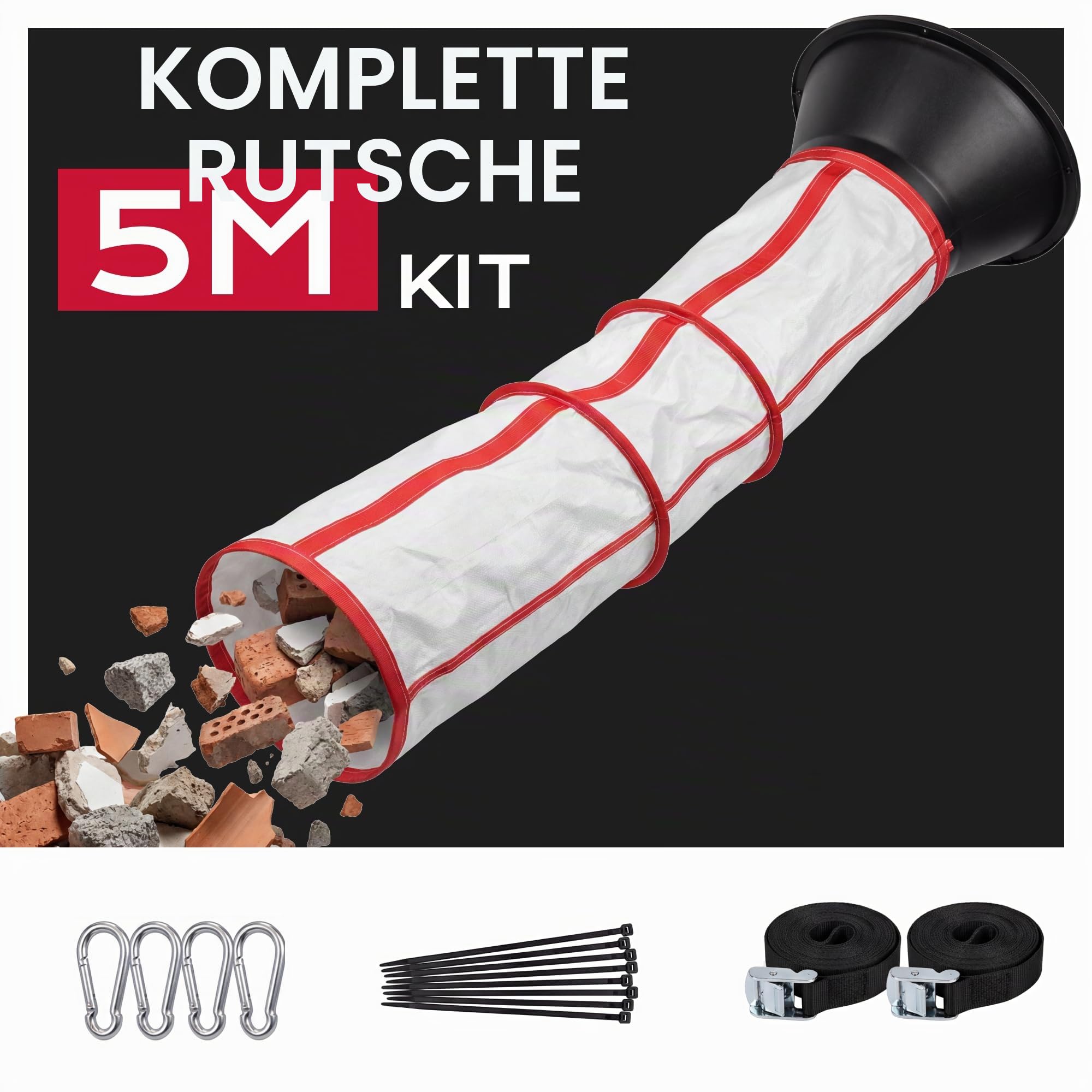Flexible Schuttrutsche 5m | Bauschuttrutsche mit Einfülltrichter & Spanngurten | Robuste Abfallrutsche für Bauschutt, Renovierung & Baustelle | Schnelle Montage & Platzsparend