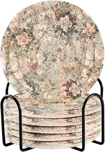 innewgogo Rose Flower 6 Pcs Absorbent Drink Coasters for Tabletop Protection Handmade Round Woven Coaster with Holder & Heat Water Resistant Bulk