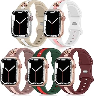 5 Pack Designer Sport Bands Compatible with Apple Watch Band 38mm 40mm 44mm 45mm 49mm Women,Bee Decoration Breathable Silicone Replacement Wristbands for iWatch Series 8 7 6 5 4 3 2 1 SE Pink-White-38