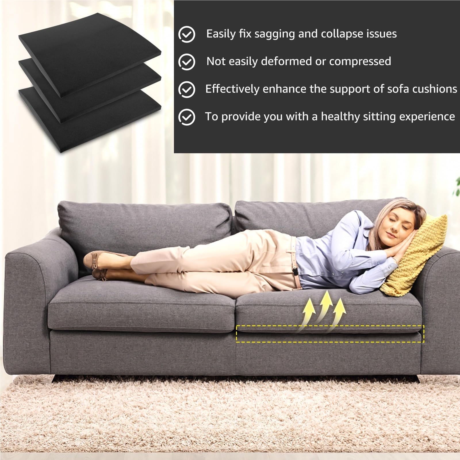 Cuscino di Sostegno in Schiuma per Divano Spugna ad Alta densità for Supporto Cuscino Divano 3 Pezzi | Sotto il cuscinetto di riparazione dell'abbassamento, comodo accessorio for mobili da divano(Black)
