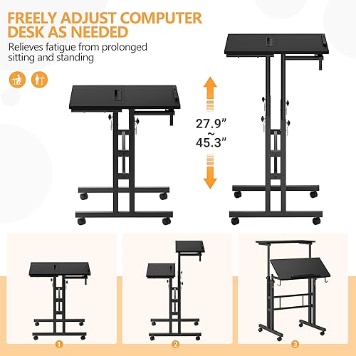 Miniatura 7 de Panta Escritorio móvil de pie, escritorio de pie con soporte para tazas, escritorio de computadora de altura ajustable, escritorio portátil con