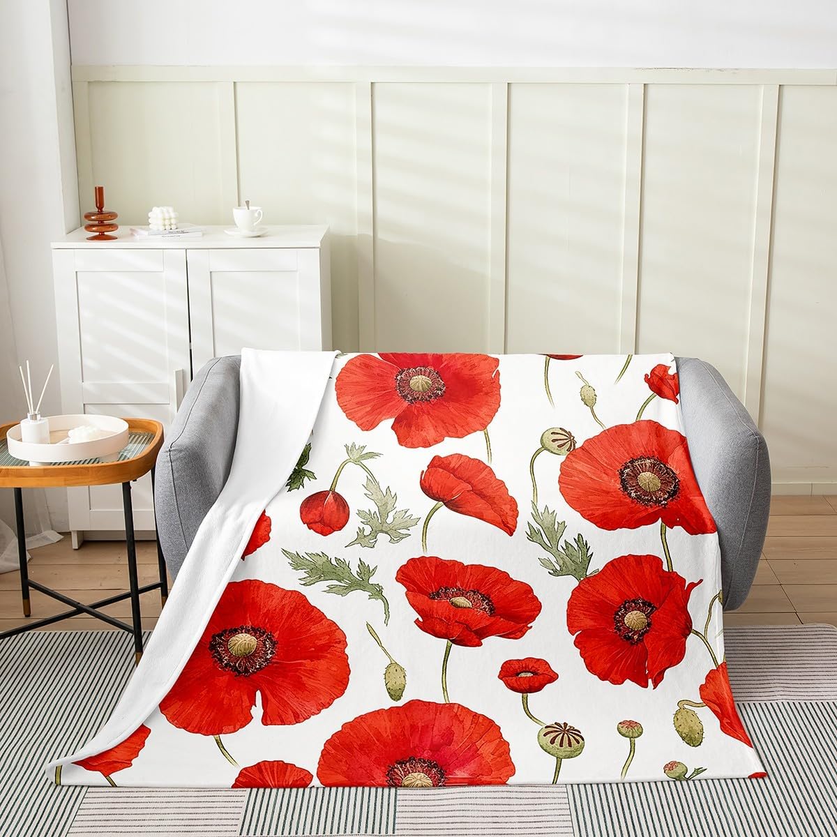Feelyou Red Poppy Fuzzy Blanket Queen 90"x90" Floral Flower Blossom Printed Flannel Fleece Throw Blanket for Kids Boys Girls Decor Botanical All Season Bed Blanket Spring Garden Plush Blanket