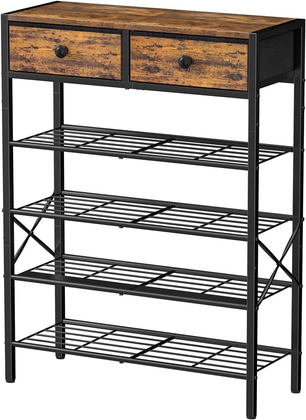 Shoe Rack for Entryway, 5 Tier Shoe Organizer with 2 Non-woven Drawers, Metal Storage Shoe Shelf for 16-20 Pairs of Shoes, with Wooden Top and Steel Frame, Shoe Stand for Closet Rustic Brown