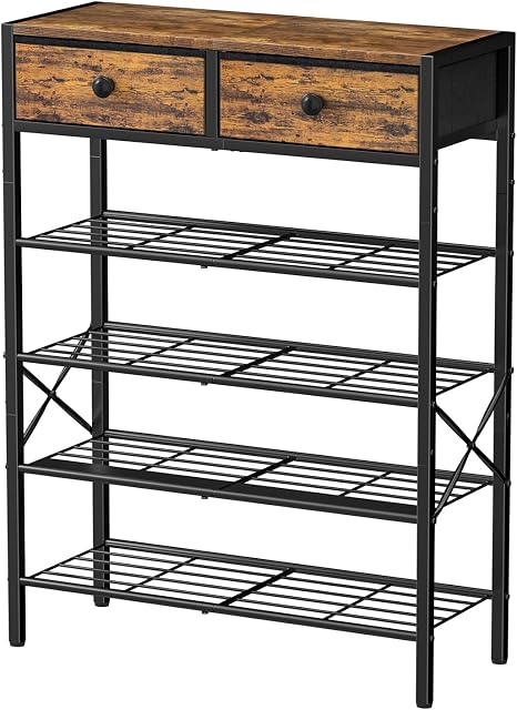 5 Rack de chaussures Tier Entryway, Organisateur de chaussures avec 2 Tiroirs, étagère en métal pour 16-20 paires avec plateau en bois pour placard, brun rustique