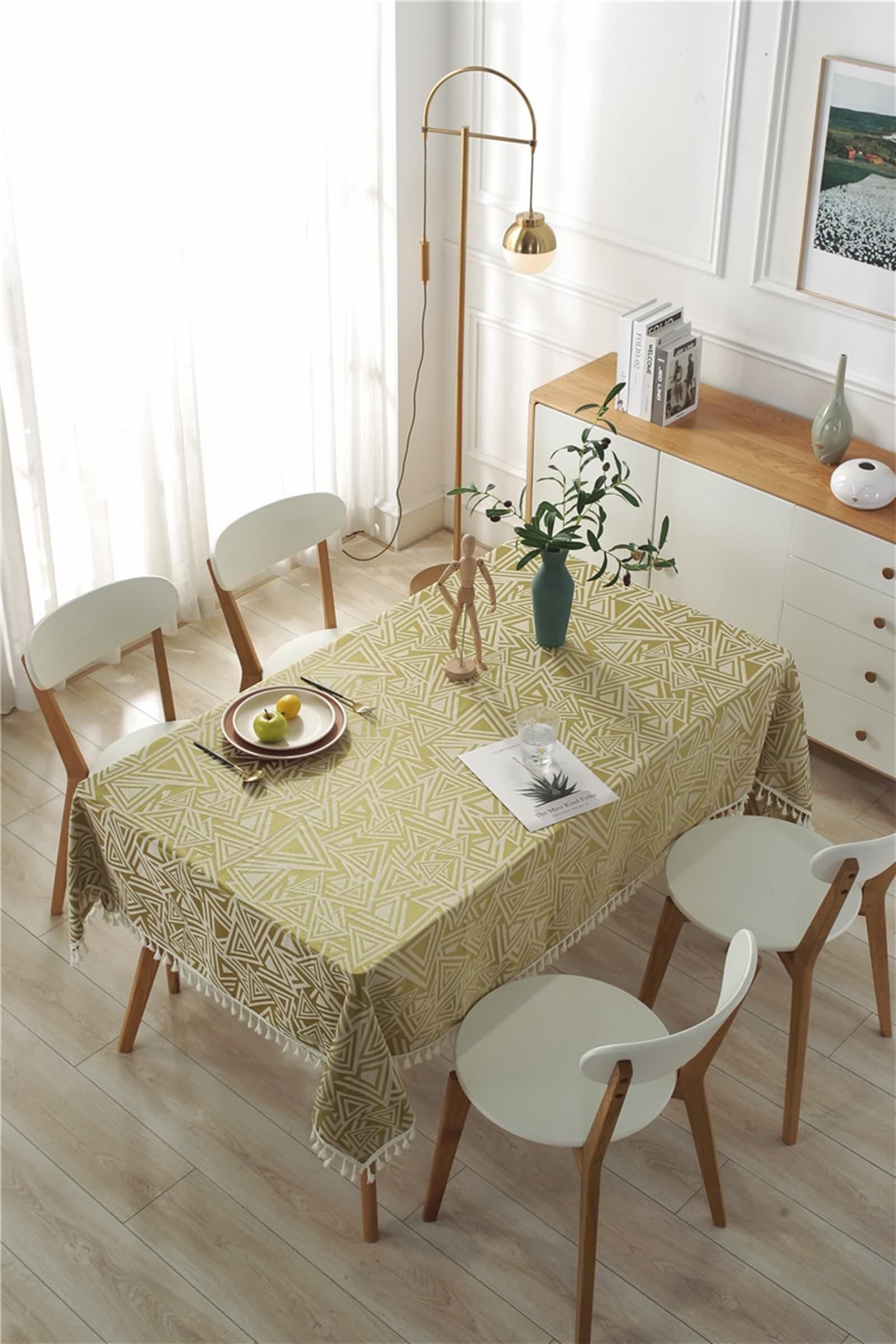 Funda de mesa de cocina elegante, mantel rectangular elegante amarillo verde poliéster jacquard con triángulo decorativo 140 x 200 cm para fiesta
