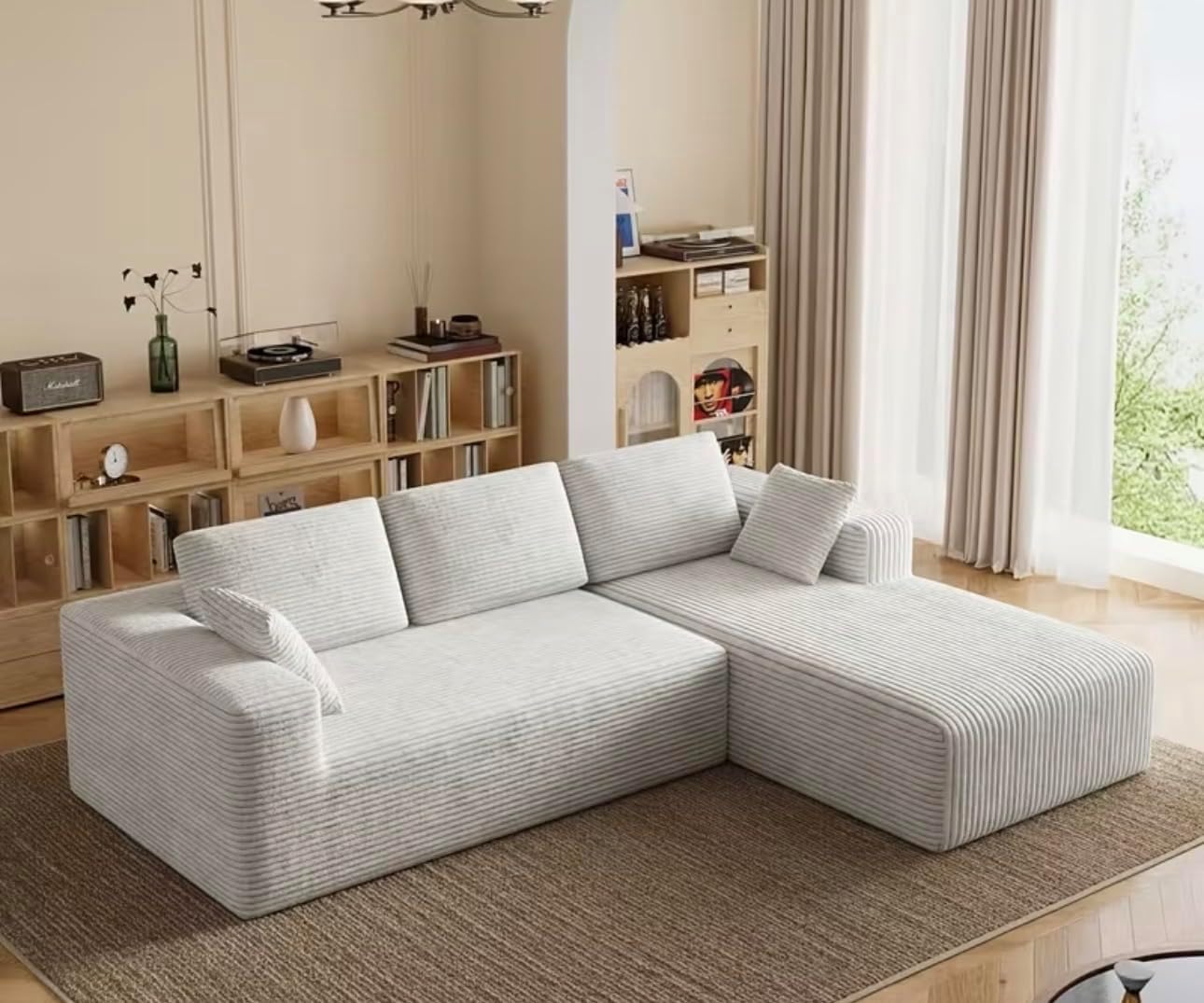 Extra Large L-Shaped Sectional Sofa Modular Plush Cloud Couch with Right Chaise - No-Tools Assembly Foam Frame, Soft Corduroy Upholstery (Grey Left Side)