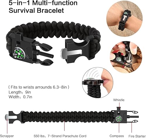 Miniatura 3 de Juego de supervivencia de emergencia 11 en 1. Elementos de supervivencia para exterior con pulsera de supervivencia, cuchillo plegable, brújula,