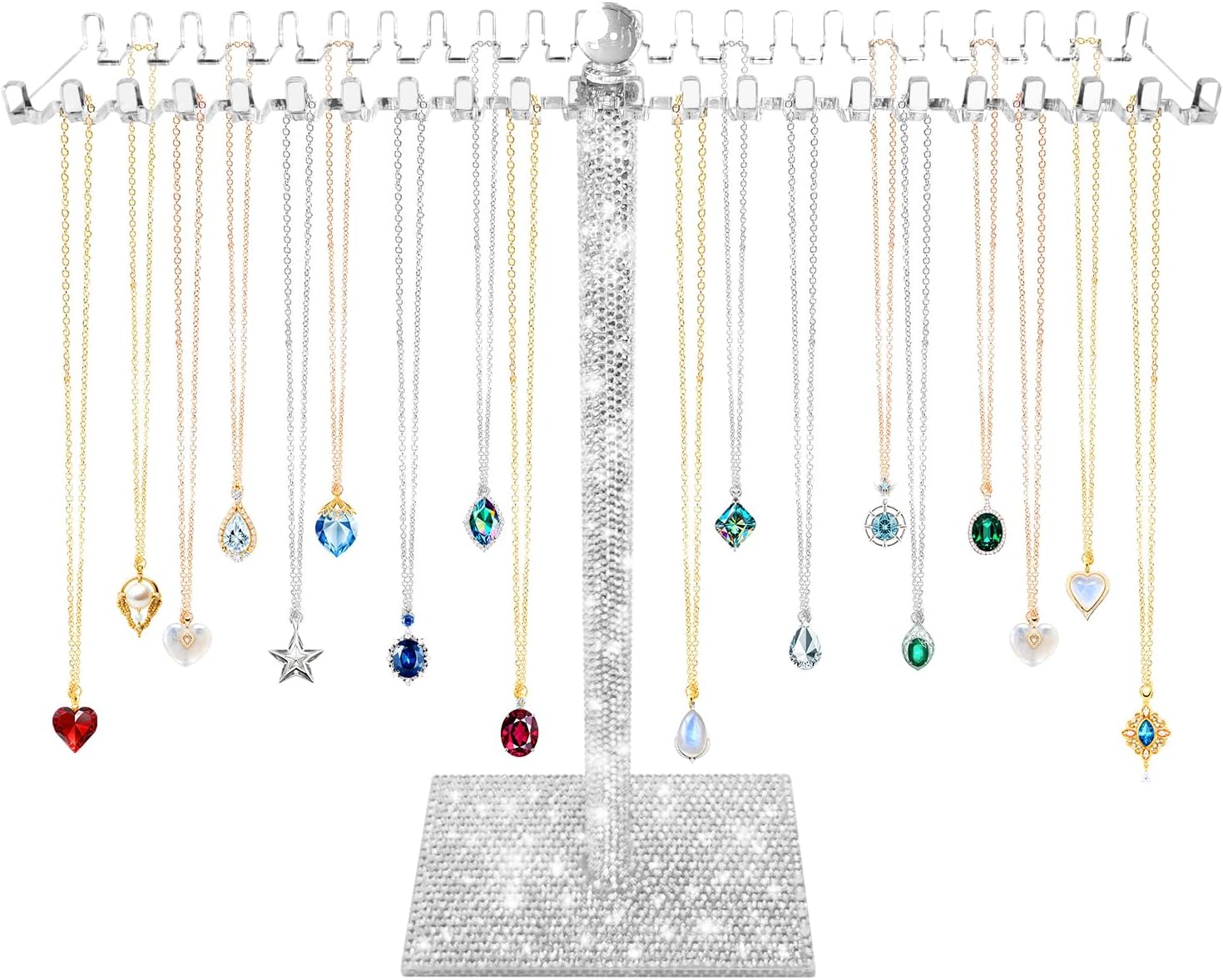 Bling Acrylic Necklace Organizer,GLitter Necklace Holder Stand,Shiny Jewelry Organizer Display Hanger Rack with Bilateral Hooks for Necklaces Pendant Bracelets Ring,Gift for Women Girl