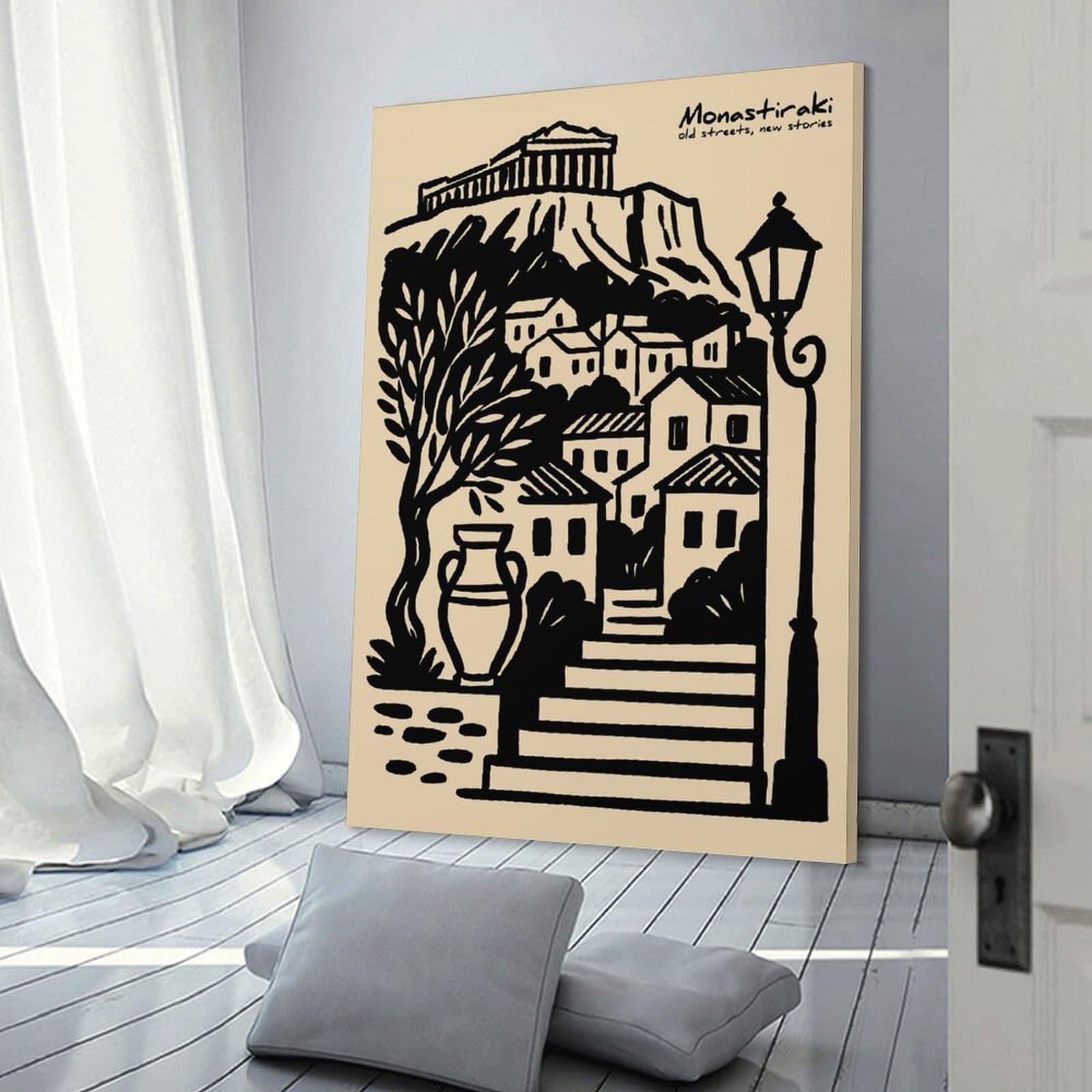 Junmoney Canvas Art Print Monastiraki Athens Illustration, 24x36inch(60x90cm), for Gallery Wall Decor And Room Displays, Wall Decor Suited to Curated Displays