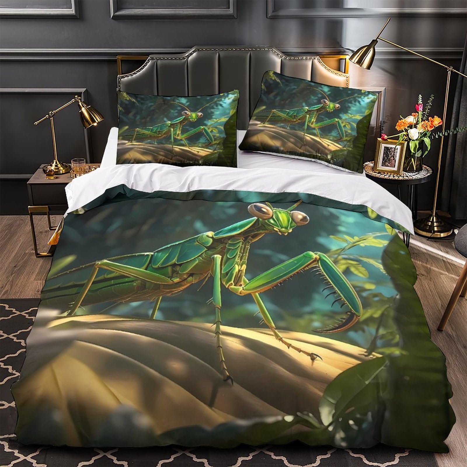 Linge de lit imprimé mante religieuse pour chambre d'enfant verte