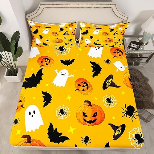Miniatura 2 de Manfei Juego de sábanas de calabaza lindo tamaño matrimonial, juego de ropa de cama con temática de Halloween para decoración de habitación de niños