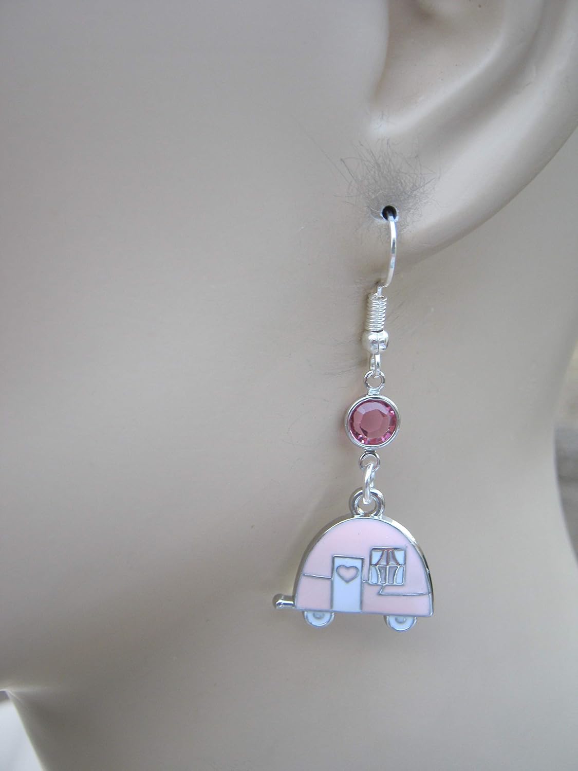 Enameled Camper Birthstone Earrings, Personalized Travel Trailer Earrings, Pink/White RV Jewelry