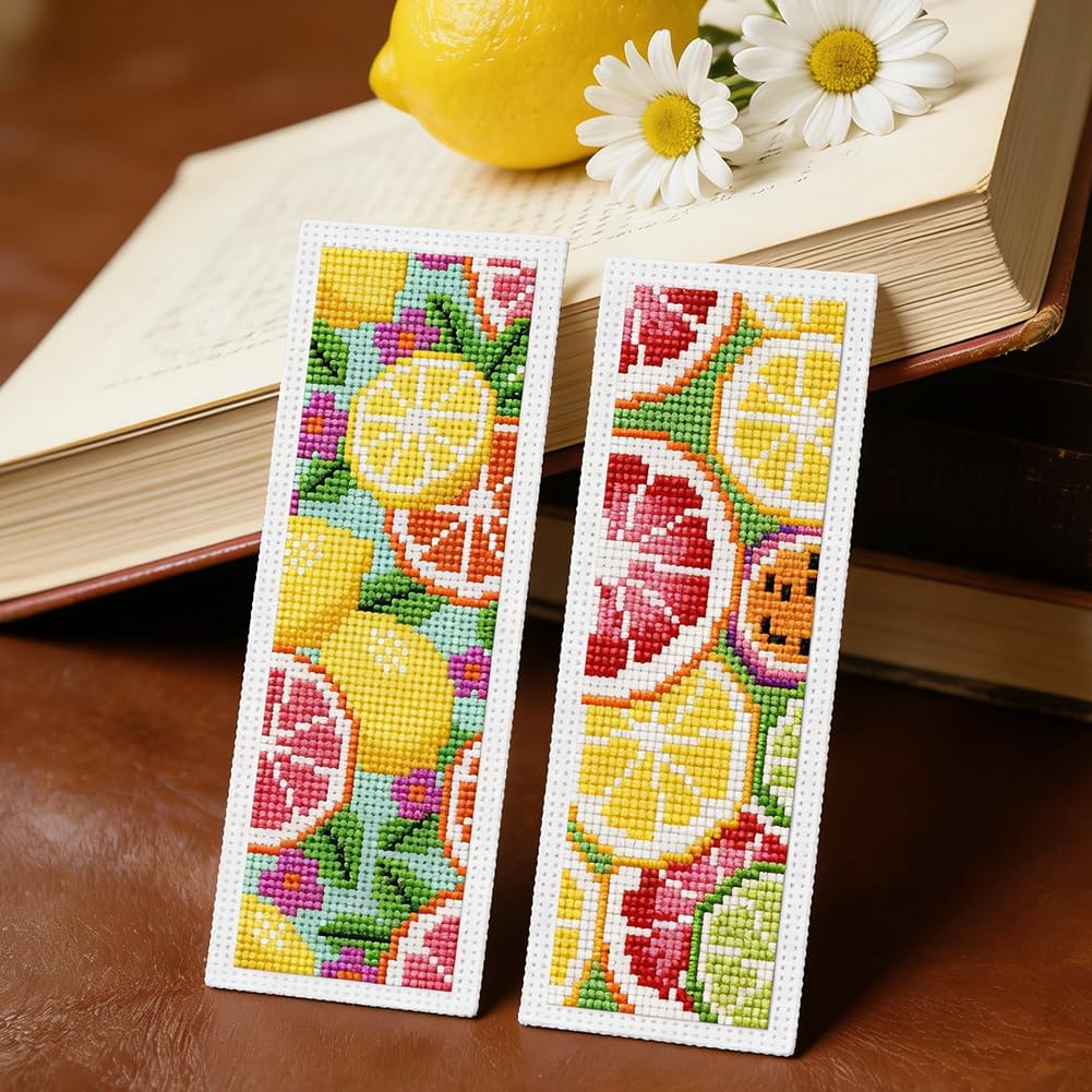 INFUNLY 6Pcs Lemon Cross Stitch Bookmark Kit 3x8.5 Inch/7.6x21.6cm Stamped Embroidery Starter Set with 20 Color Floss Cotton Linen DIY Needlepoint Bookmark for Book Lovers Gift, Colorful