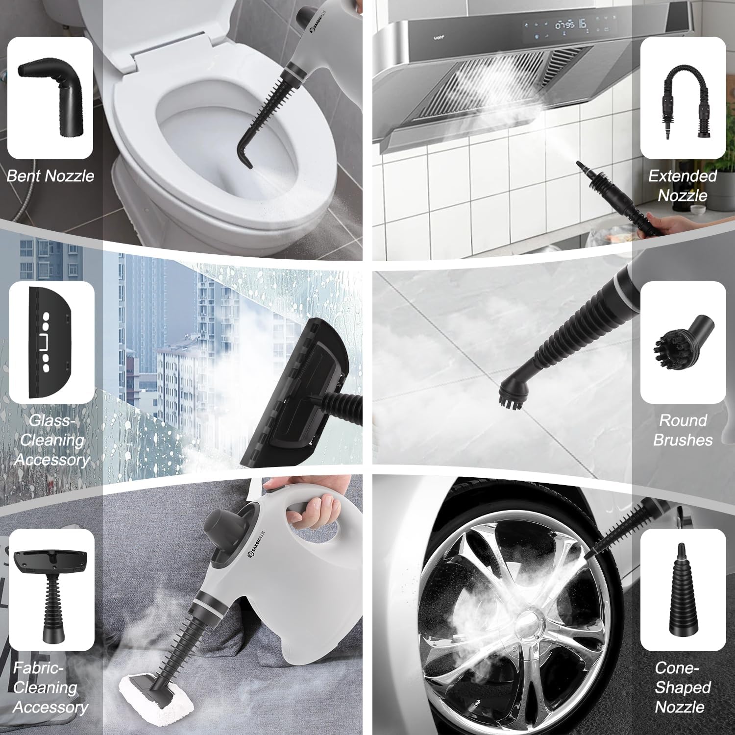 Various steam cleaner accessories in use for different cleaning tasks