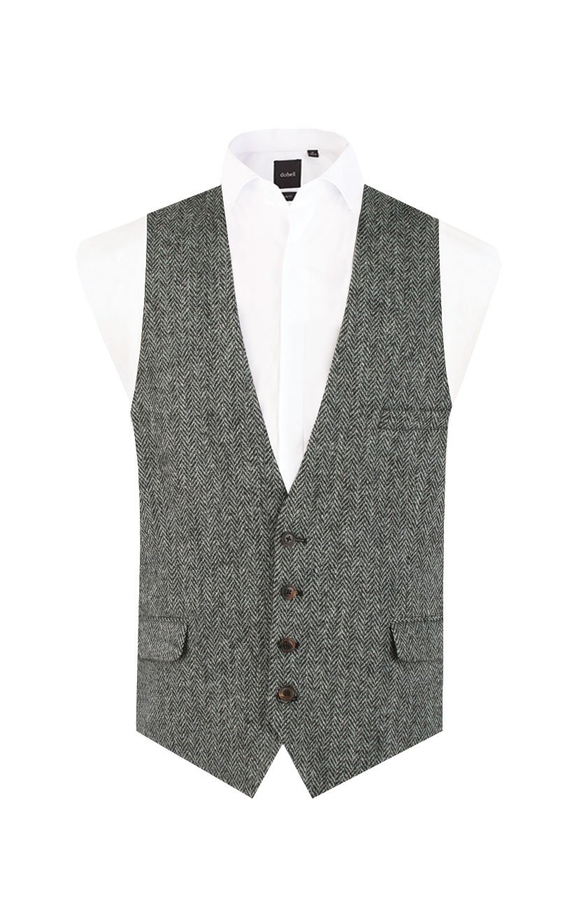 Dobell Harris Tweed Mens Black/Grey Herringbone Vest Regular Fit 100% Wool Low Cut