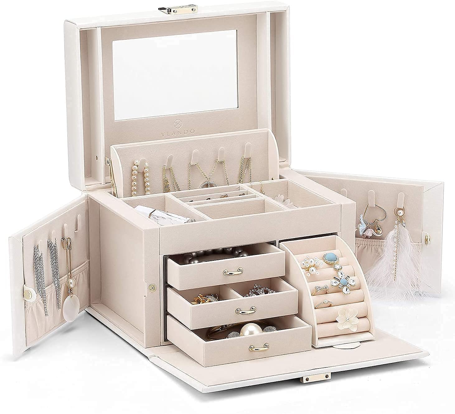TIANQIHAO Faux Leather Lockable Jewellery Box Earring Necklace Storage Box With Large Mirror And Drawers