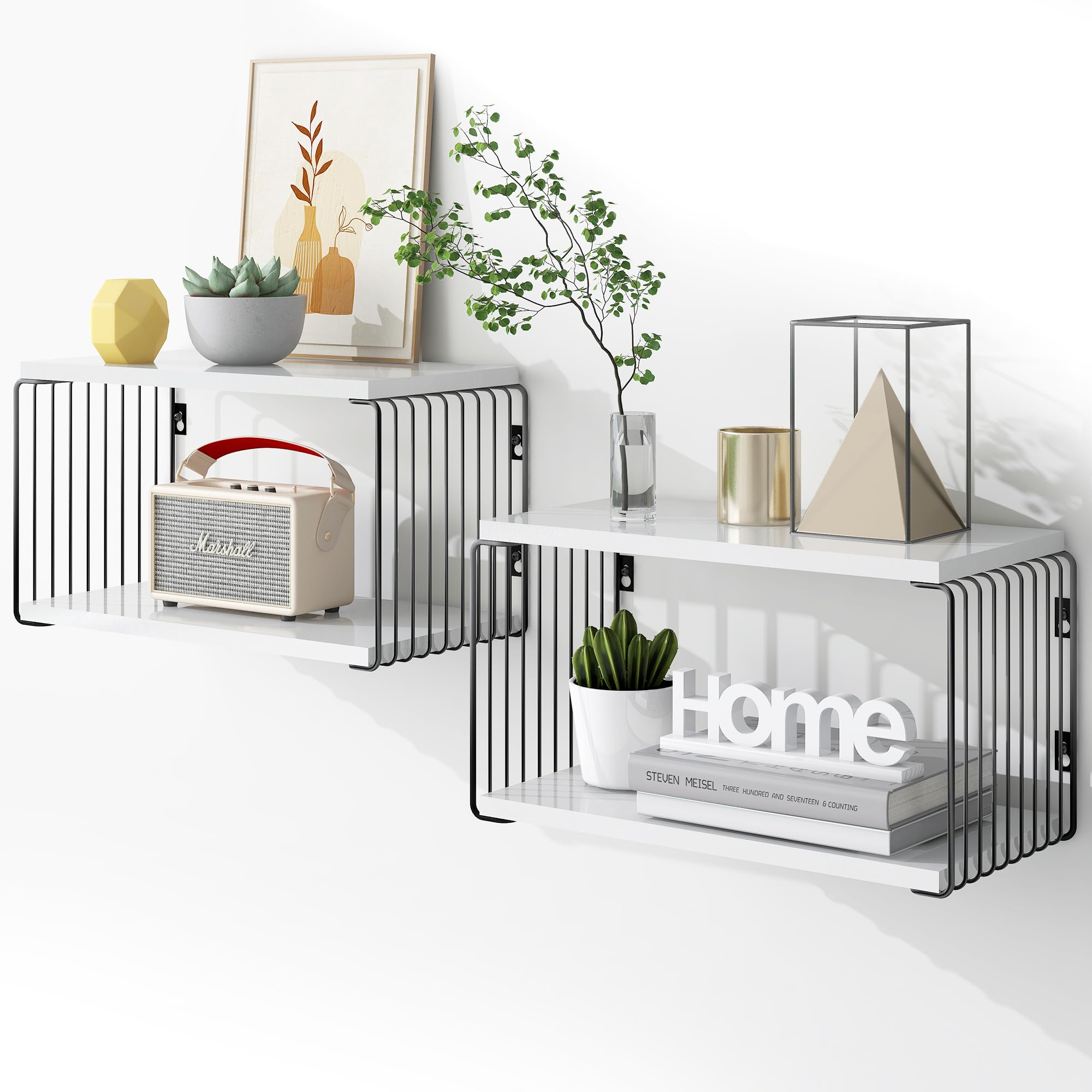 Floating Shelves, 2 Tier 8 Inch Deep Wall Mounted Storage Shelves Set of 2, Floating Nightstands, Bedside Table, Chic Wall Bookshelf (Black+White)