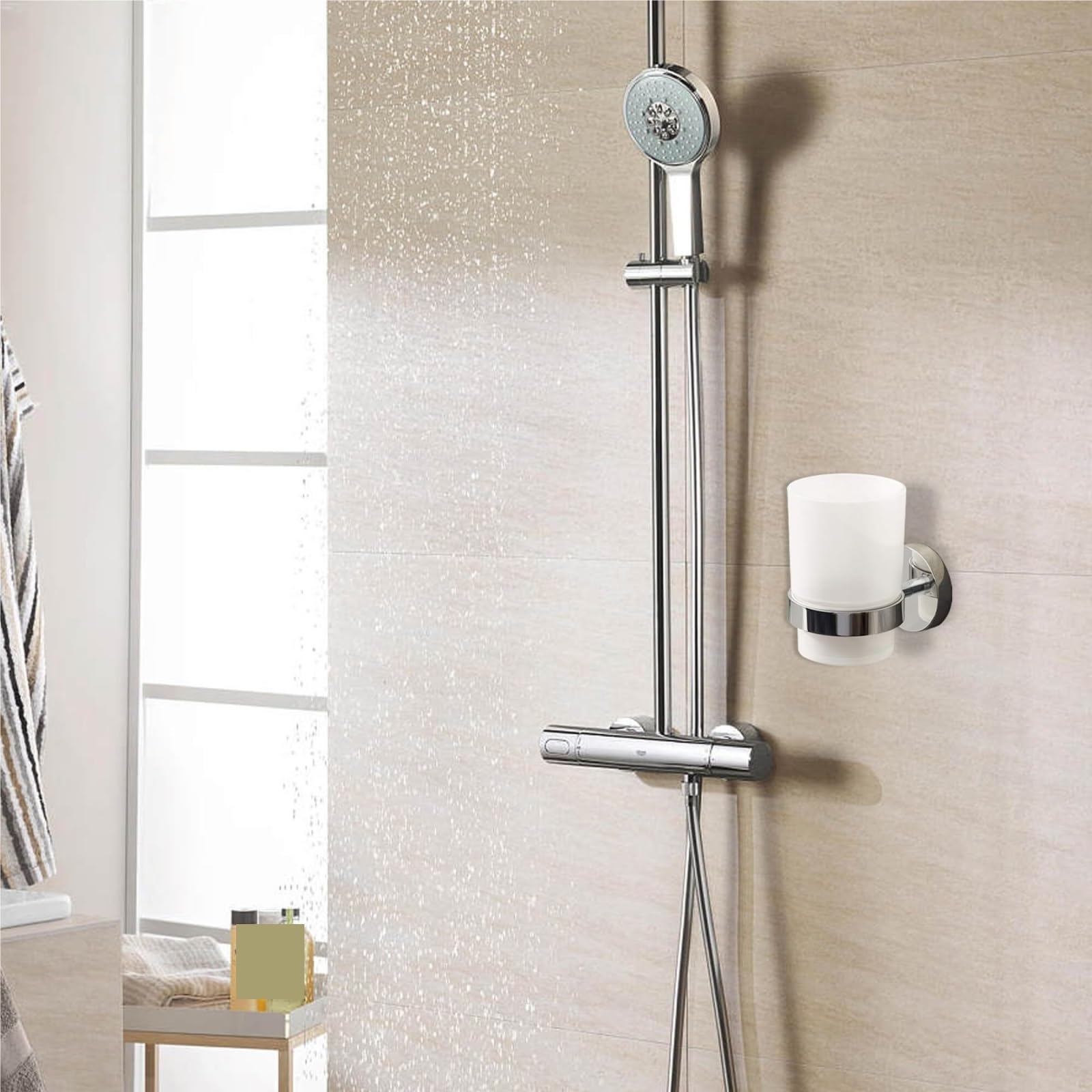 Porta Cepillo Dientes Baño Soporte For Cepillo De Dientes Pared con Vaso Satinado Metal Acero Inoxidable Hogar Y Cocina(Blue,Silver)