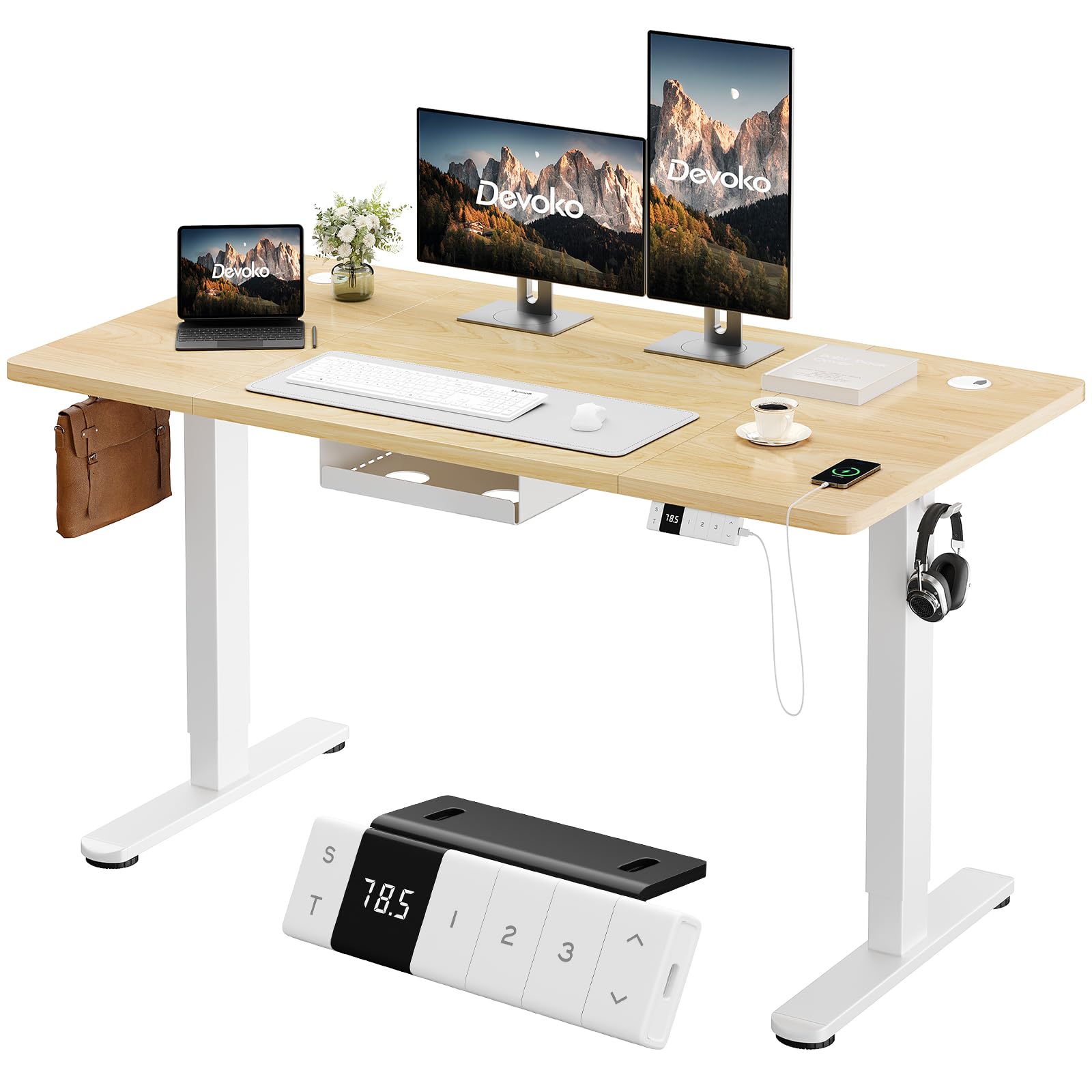 Bureau assis debout électrique Devoko 160x80cm beige avec port USB et mémoire