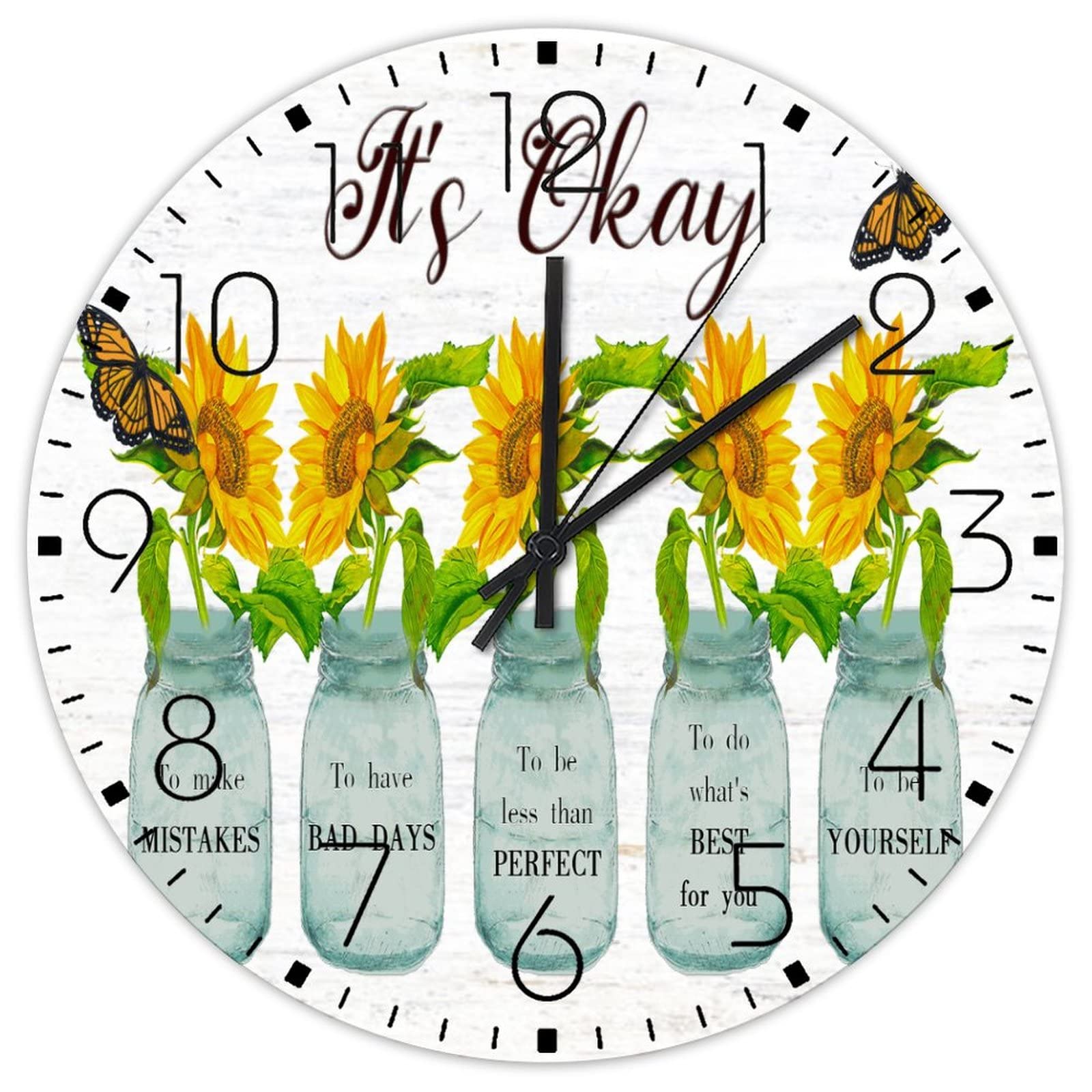 Horloge murale en bois avec citation positive et motif tournesol chaleureux