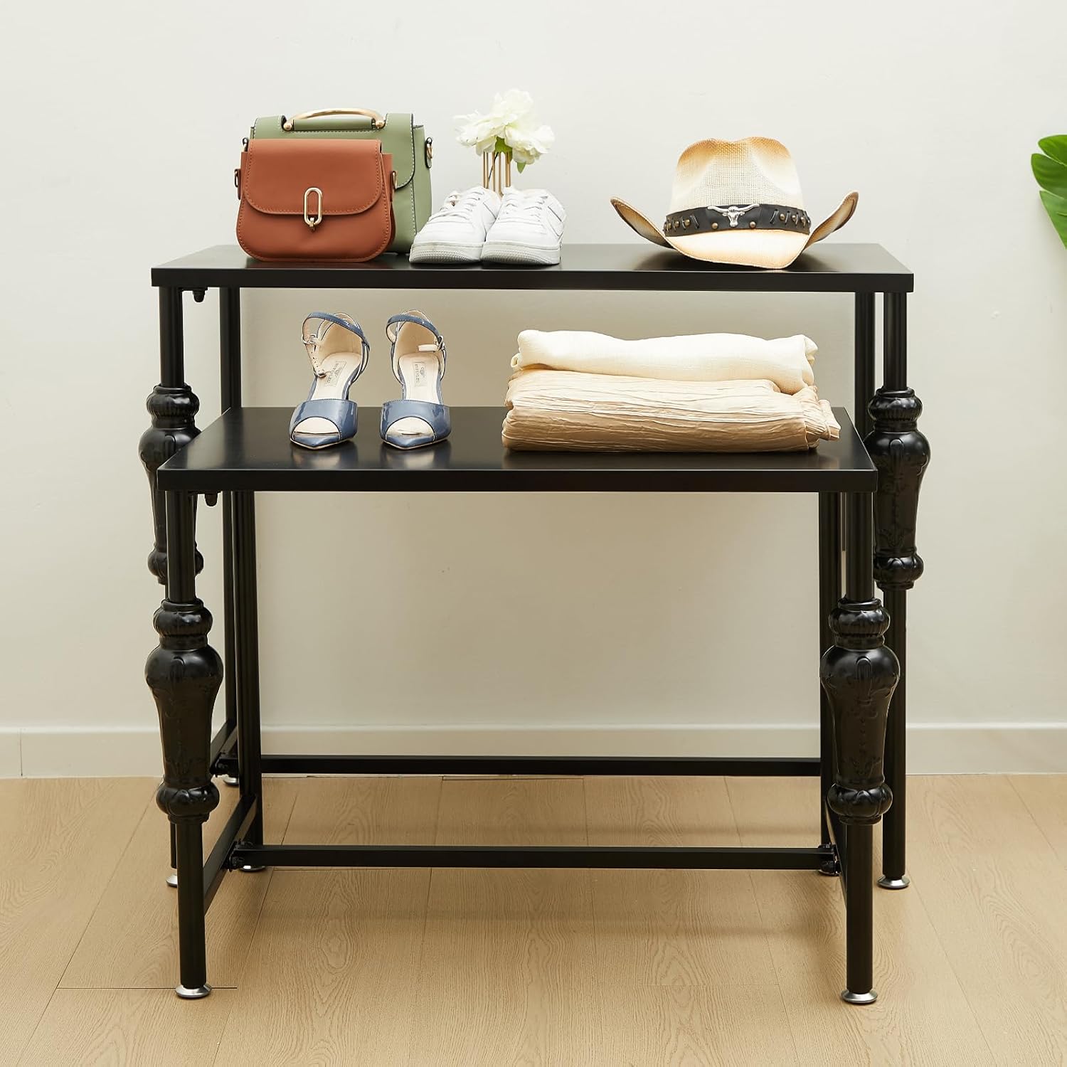 Novabright 2 Pcs Industrial Retail Display Table Set Nesting Standing Boutique Display Clothing Shoes Rack Metal Shelf Retro Black Store Furniture for Bag Accessories, Extra Large and Large