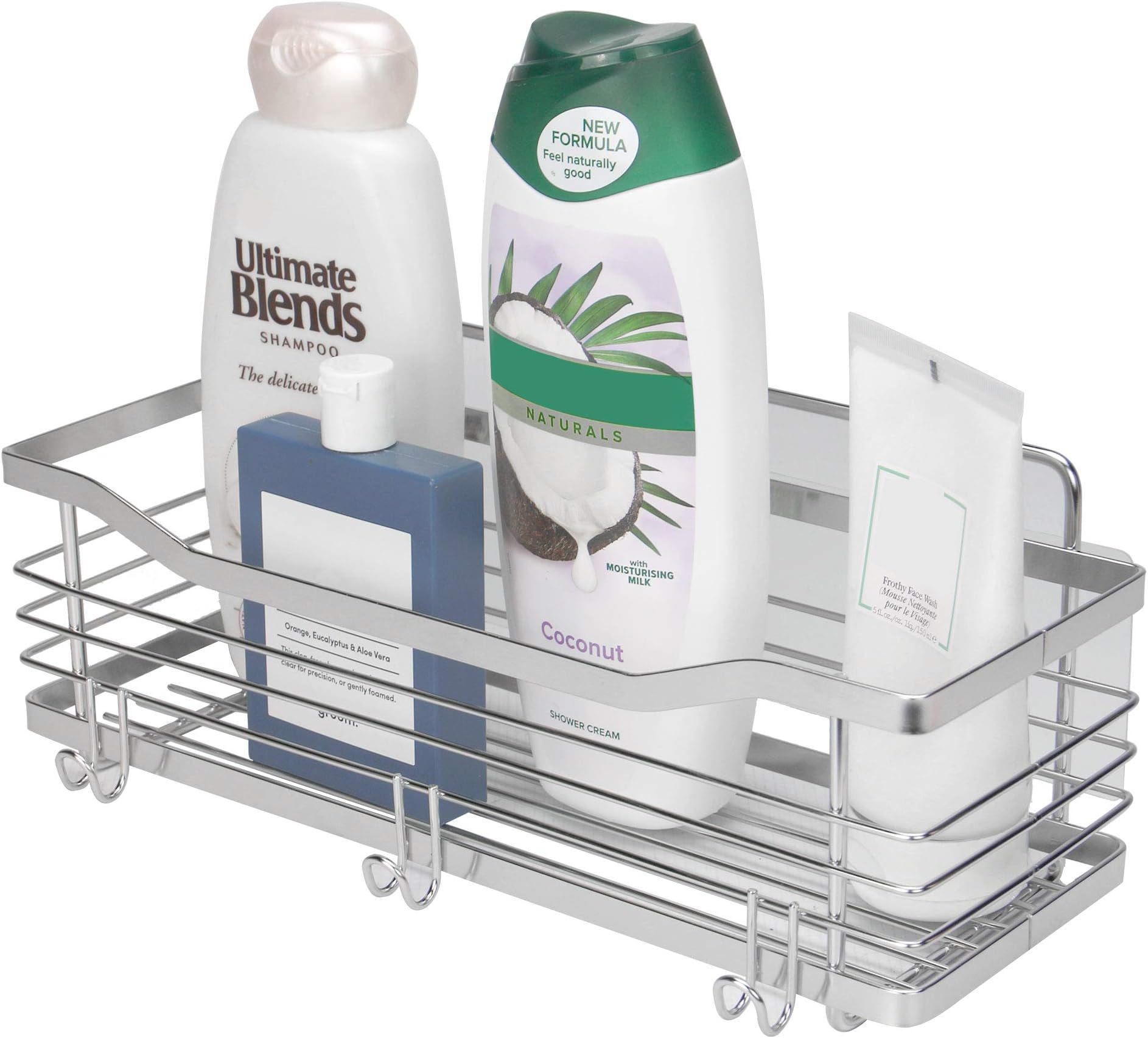 Deep Basket Shower Caddy | Bathroom Shelving Storage | Stainless Steel Chrome Finish Shower Organiser with 3 Hooks | Adhesive Pads (Included) Installation| M&W