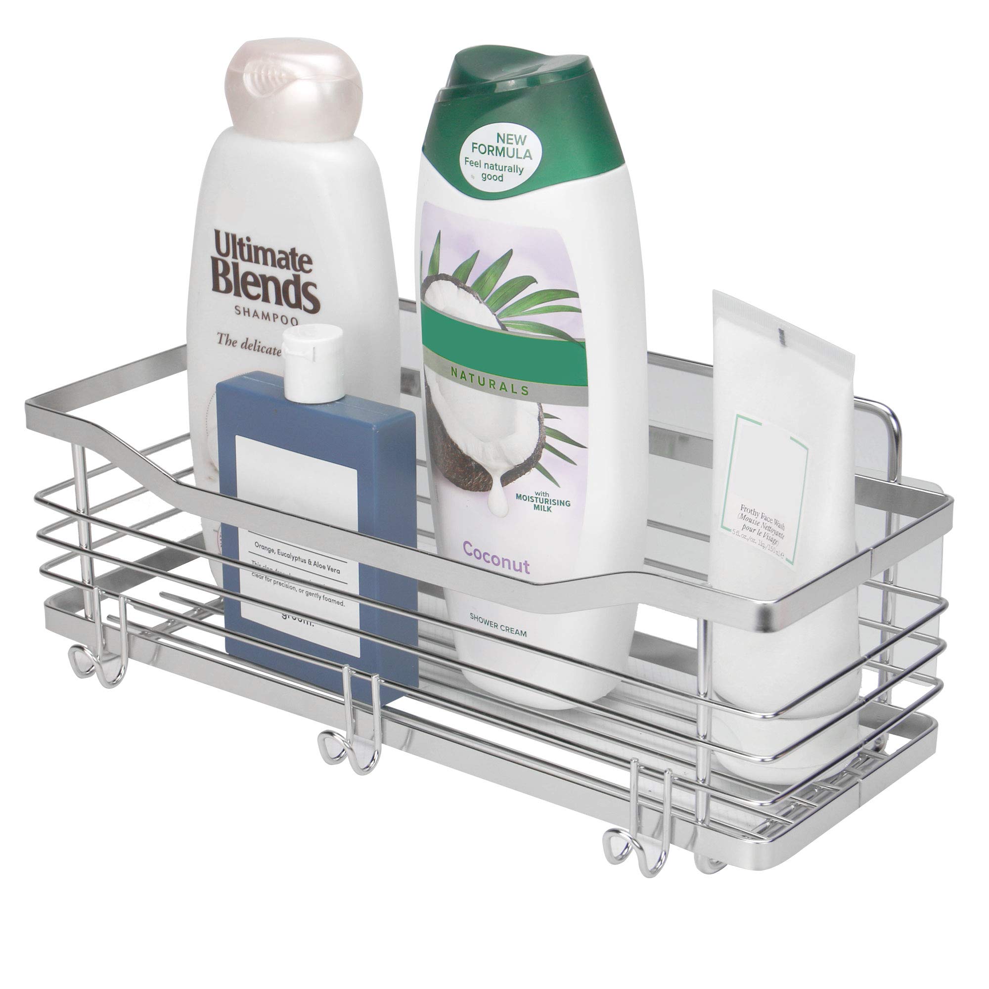 Deep Basket Shower Caddy | Bathroom Shelving Storage | Stainless Steel Chrome Finish Shower Organiser with 3 Hooks | Adhesive Pads (Included) Installation| M&W