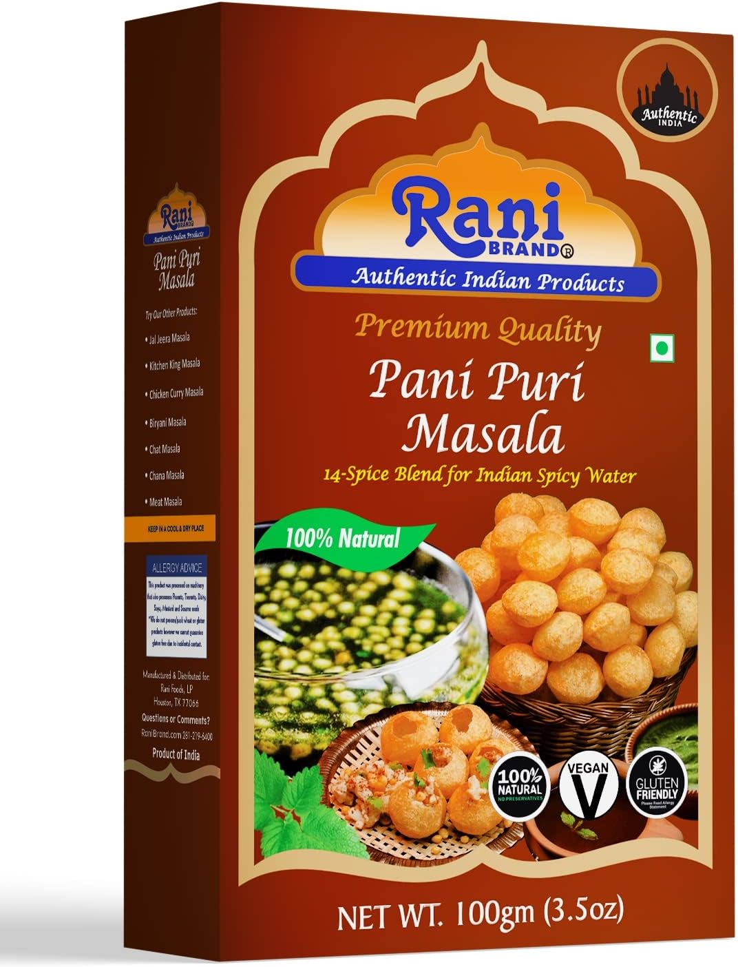 Rani Pani Puri Masala (14-Spice Blend for Indian Spicy Water) 3.5oz (100g) ~ All Natural | Vegan | No Colors | Gluten Friendly | NON-GMO | Indian Origin, gol gappa